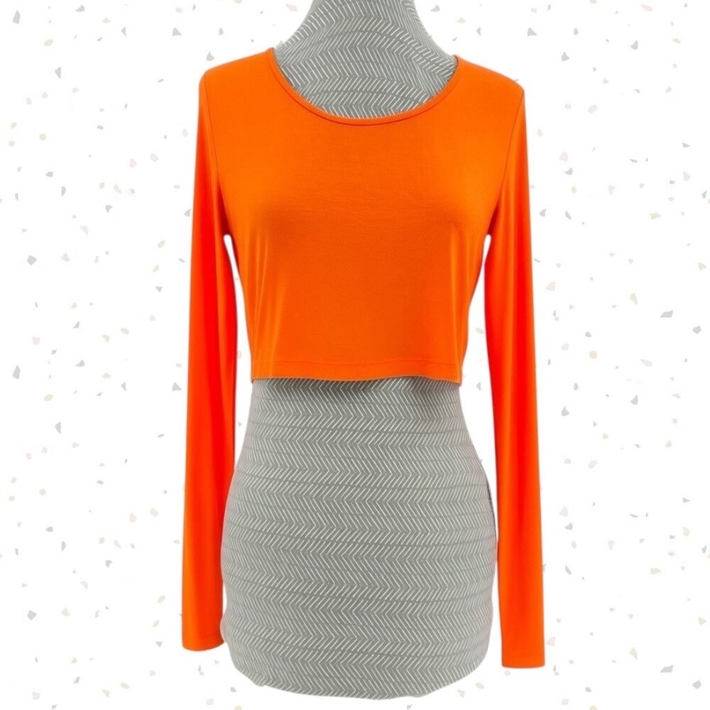 Farm Rio Long Sleeve Crop Top Blaze Orange Bright Summer Casual Fit Tee Size L